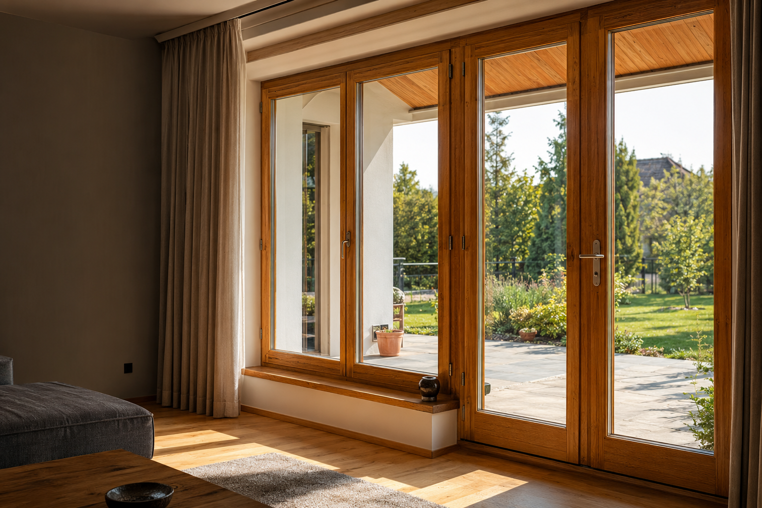 Odnowione drewniane okno balkonowe